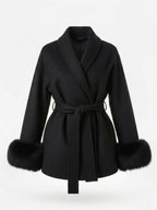 Beige Aura Belted Coat with Faux Fur Cuffs