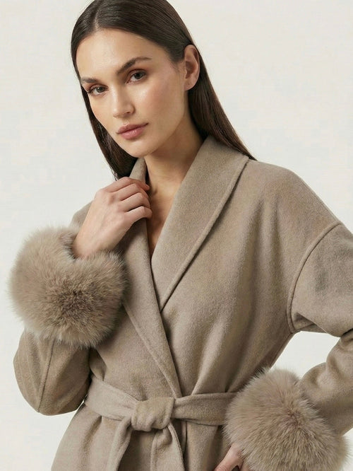 Beige Aura Belted Coat with Faux Fur Cuffs