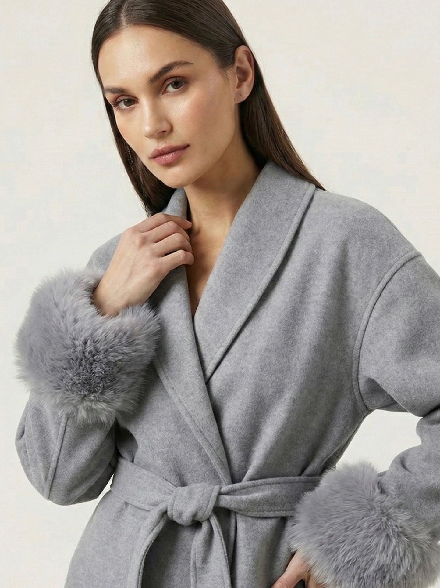 Beige Aura Belted Coat with Faux Fur Cuffs