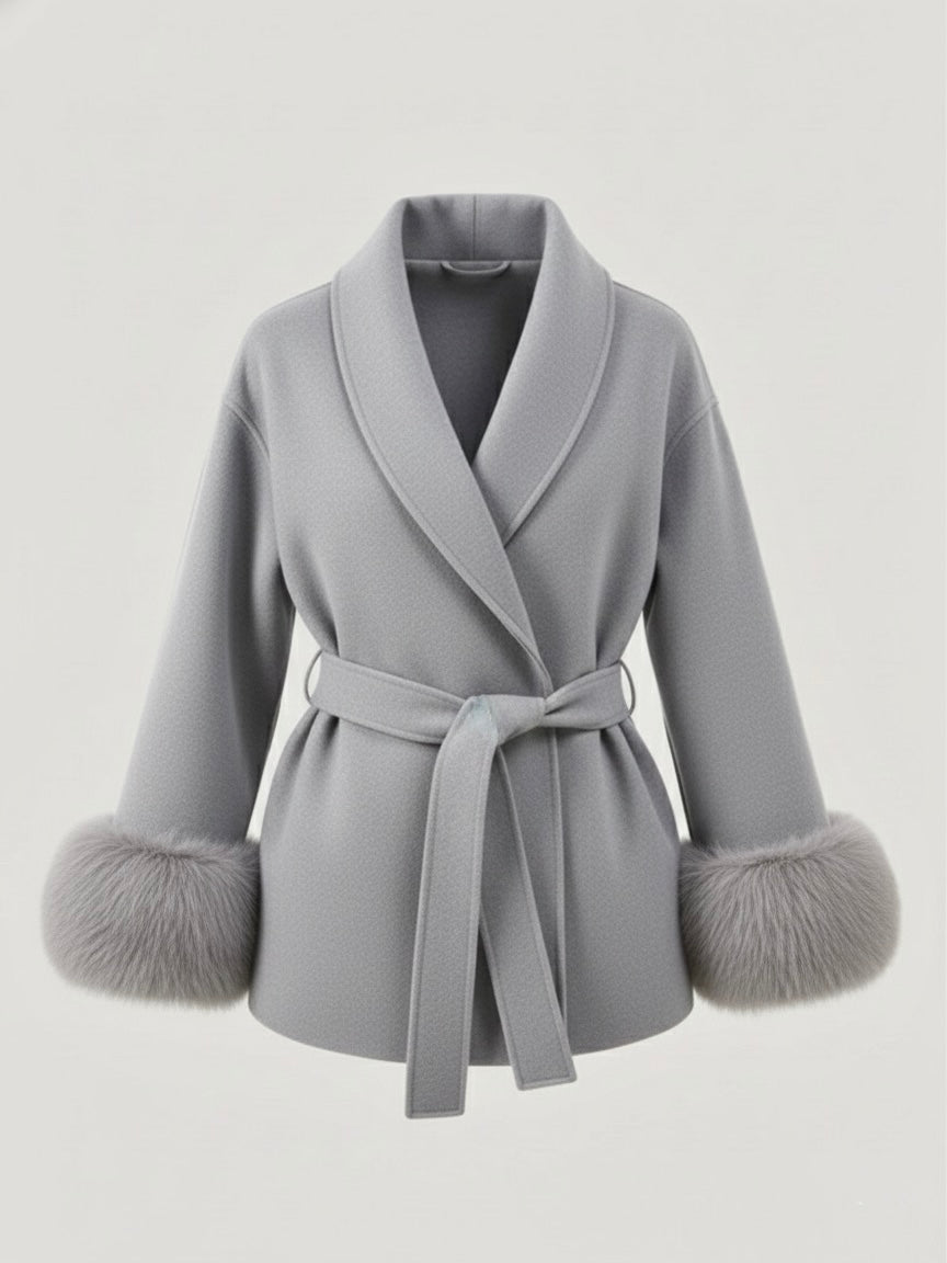 Beige Aura Belted Coat with Faux Fur Cuffs