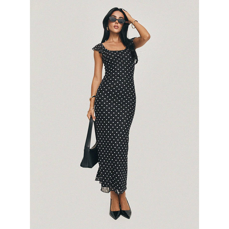 Elegant Maxi Dress Black Polka Dot