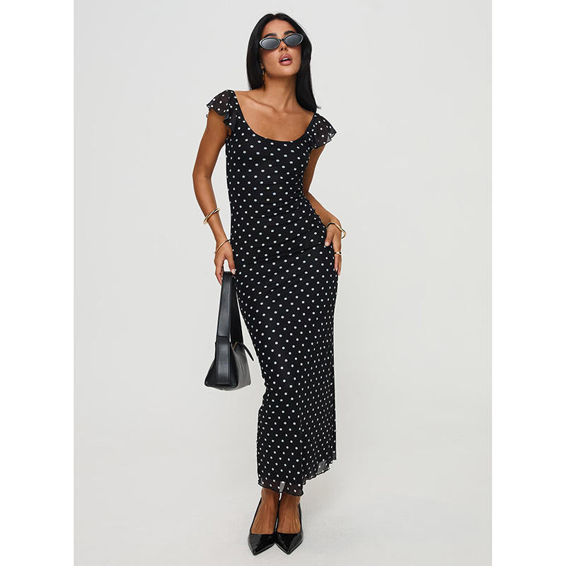 Elegant Maxi Dress Black Polka Dot