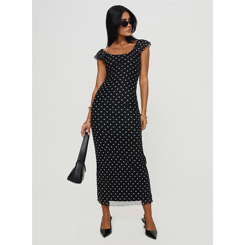Elegant Maxi Dress Black Polka Dot