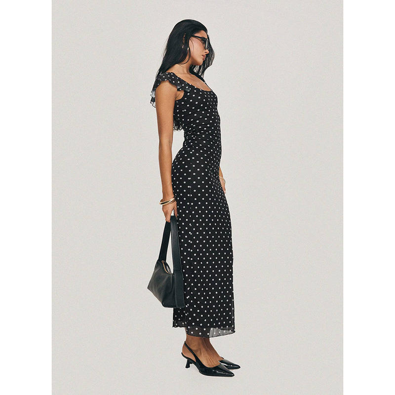 Elegant Maxi Dress Black Polka Dot