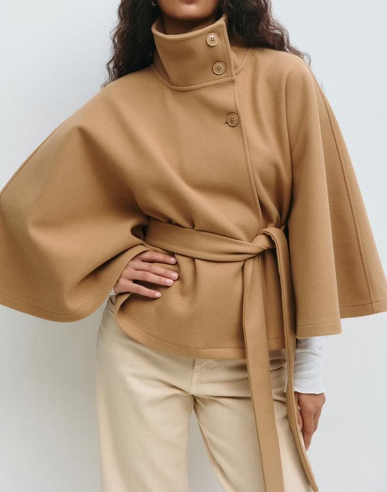 High-Neck Belted Cape Jacket