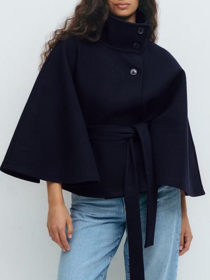 High-Neck Belted Cape Jacket