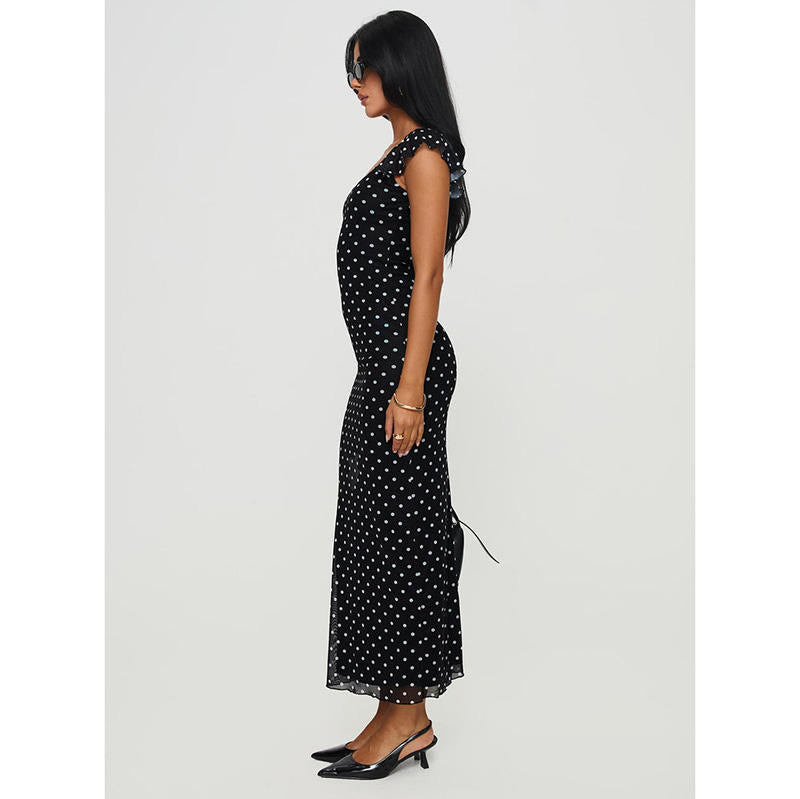 Elegant Maxi Dress Black Polka Dot