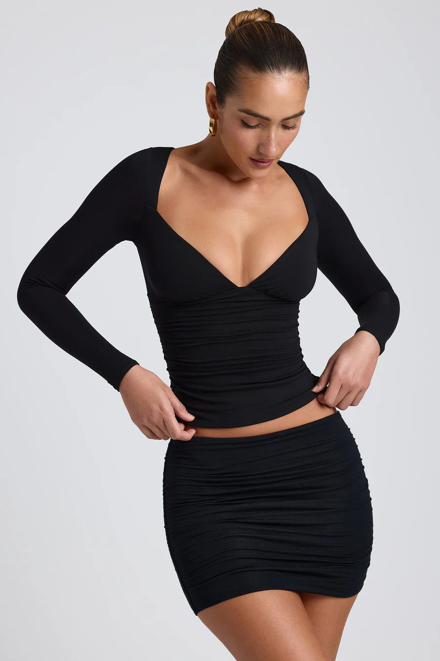 Black Ruched Long Sleeve Top