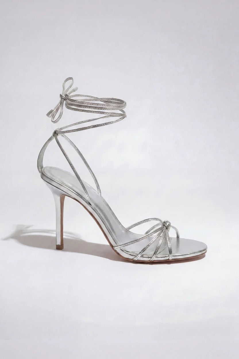 Silver Lace-Up Heeled Sandals