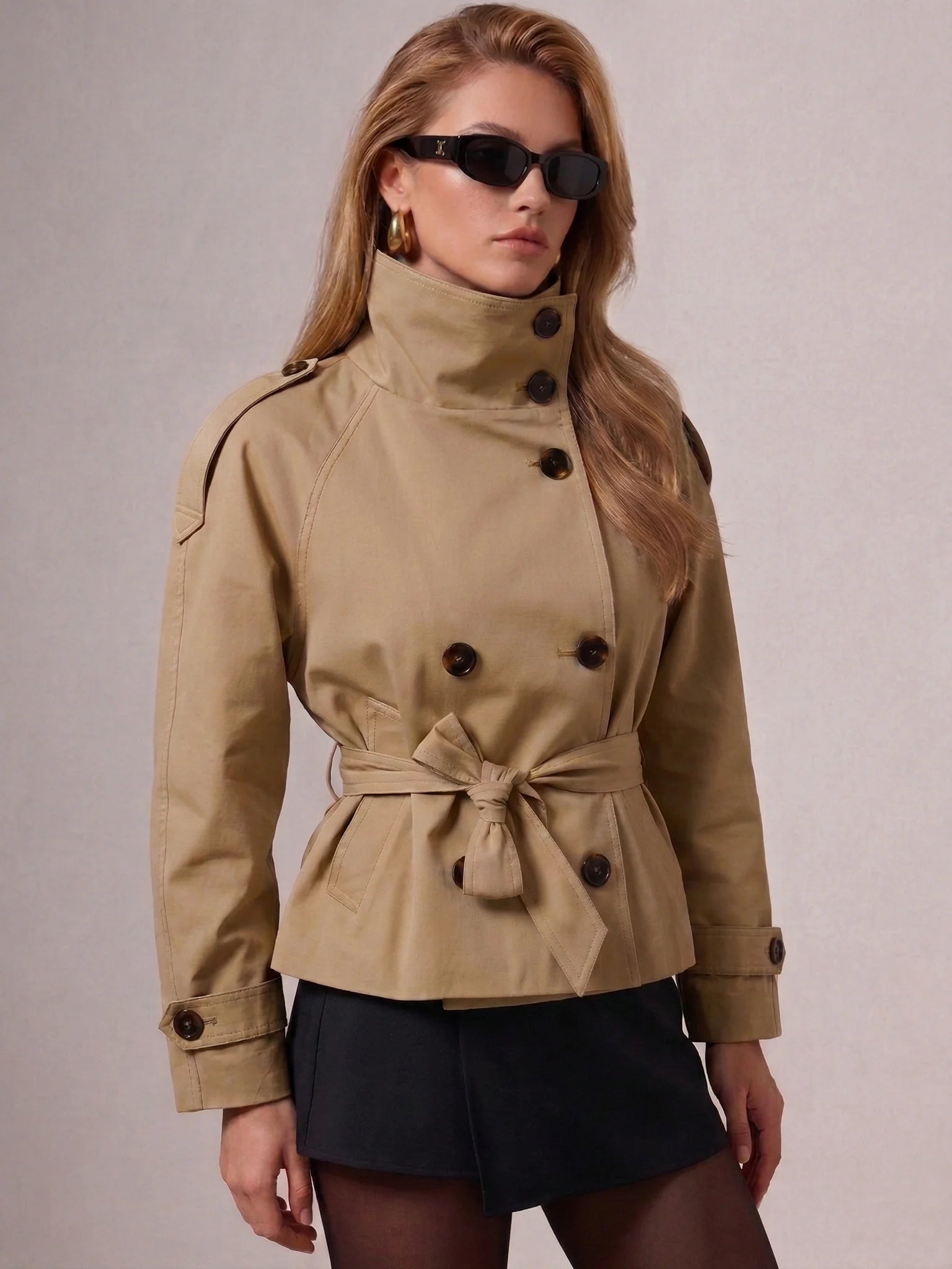 Cropped Belted Trench Jacket (Beige)