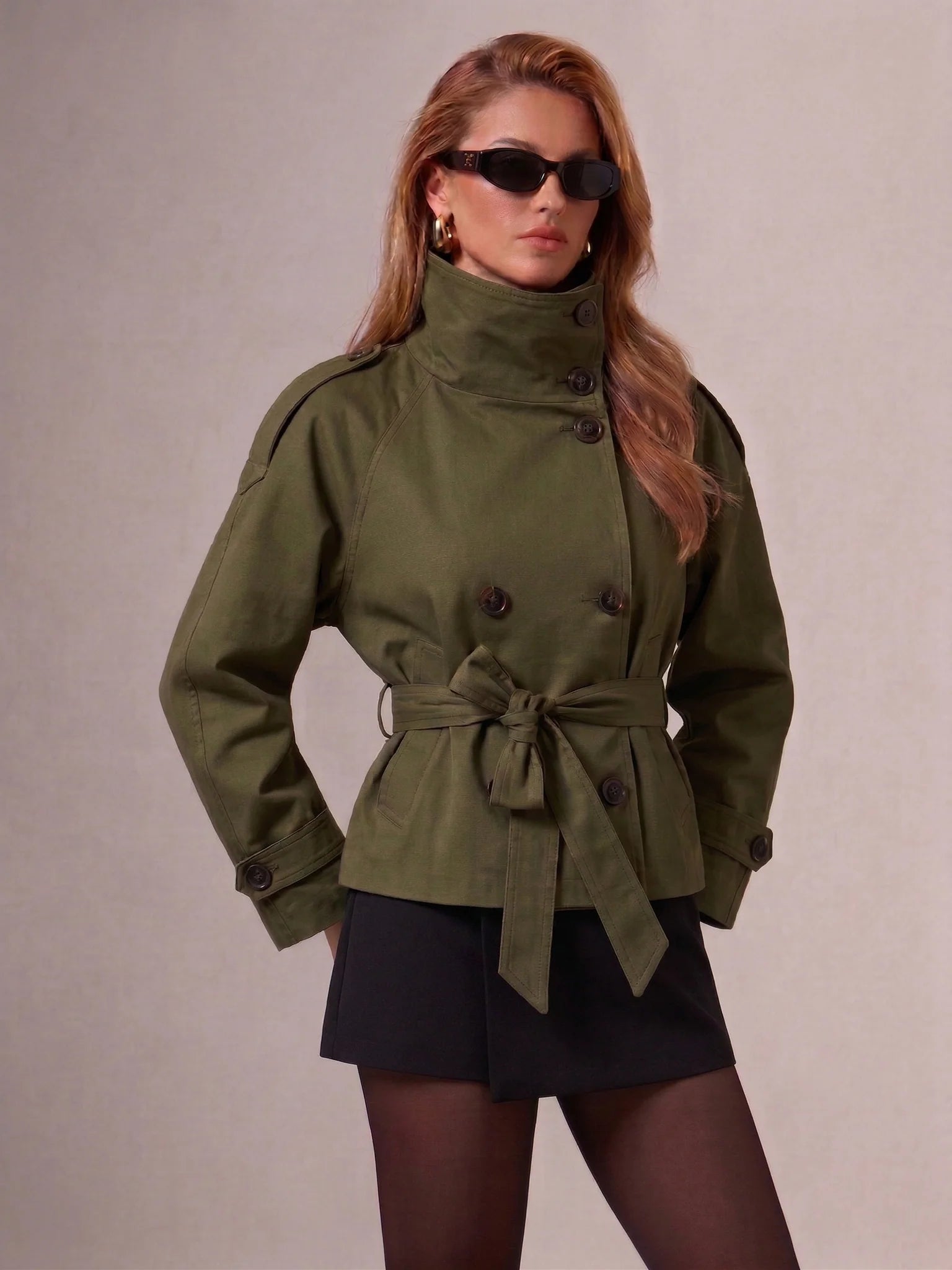 Cropped Belted Trench Jacket (Green)